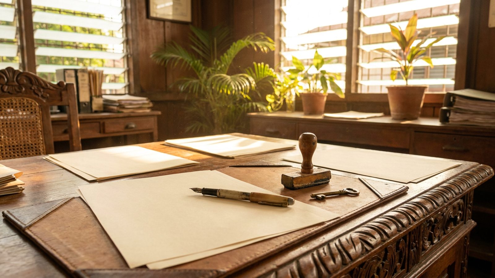 A notary desk with blank contract pages, a fountain pen, a rubber stamp and a house key