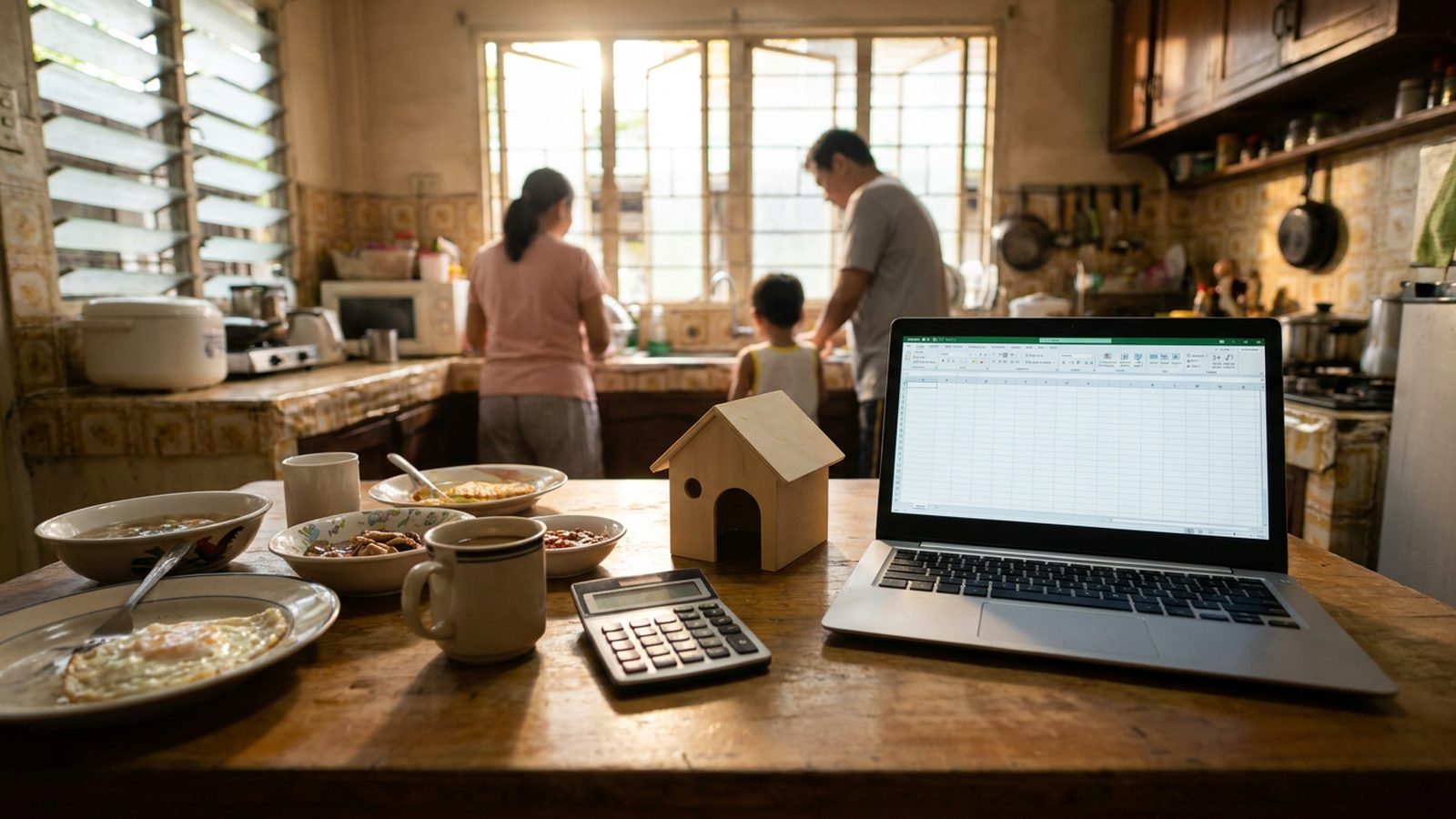 A family kitchen table with a laptop spreadsheet, a calculator and a small model house, planning a Pag-IBIG housing loan